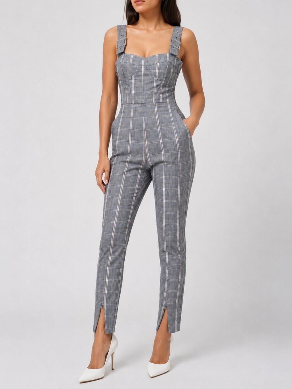 NWT WeWoreWhat Corset Overalls Plaid Jumpsuit Buckle Strap Stretch Gray M